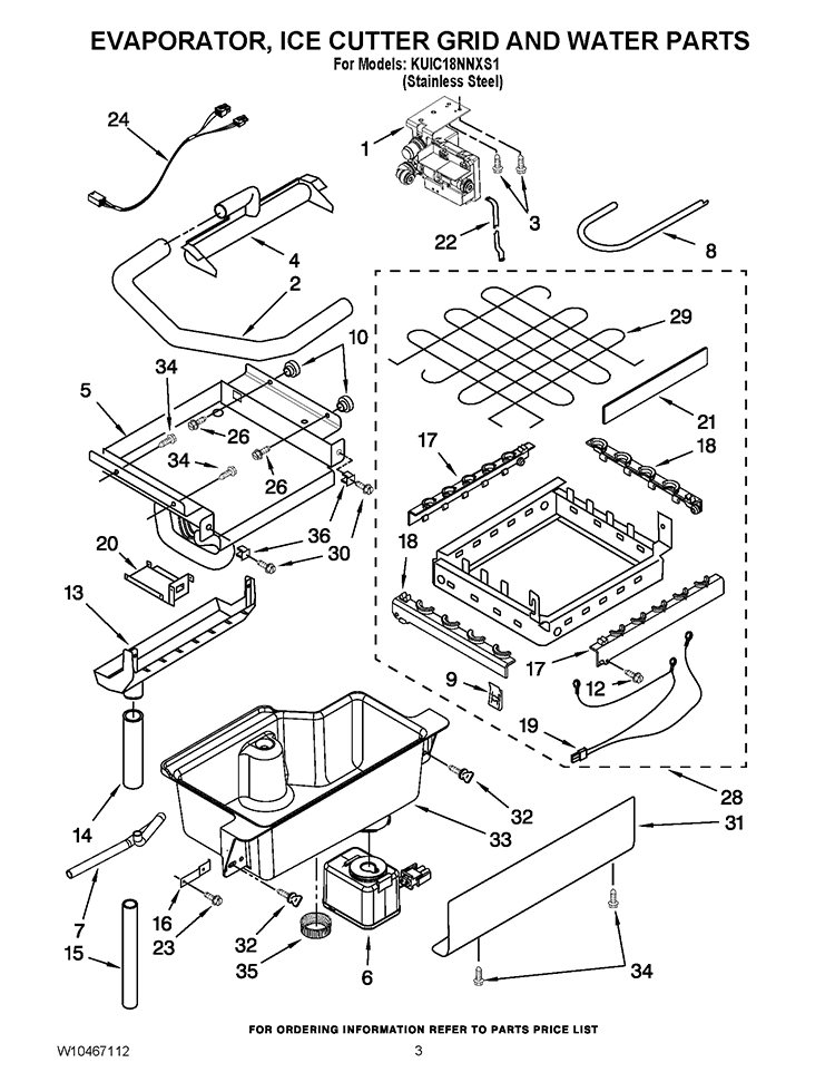 EVAPORATOR, ICE CUTTER GRID AND WATER PARTS Diagram and Parts List for  KitchenAid Ice Maker