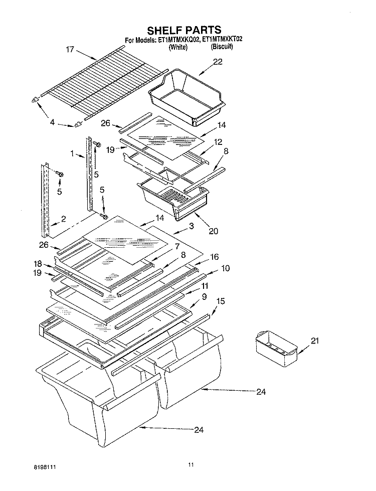 SHELF, OPTIONAL Diagram and Parts List for ET1MTMXKQ02  Whirlpool Refrigerator