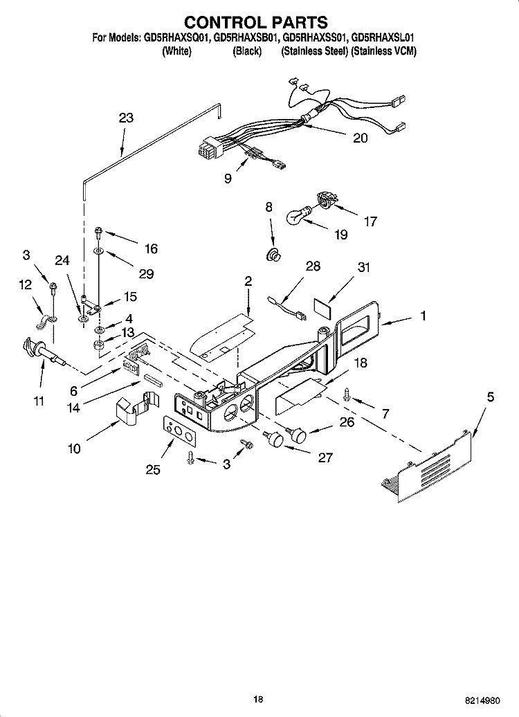 CONTROL PARTS Diagram and Parts List for GD5RHAXSB01  Whirlpool Refrigerator