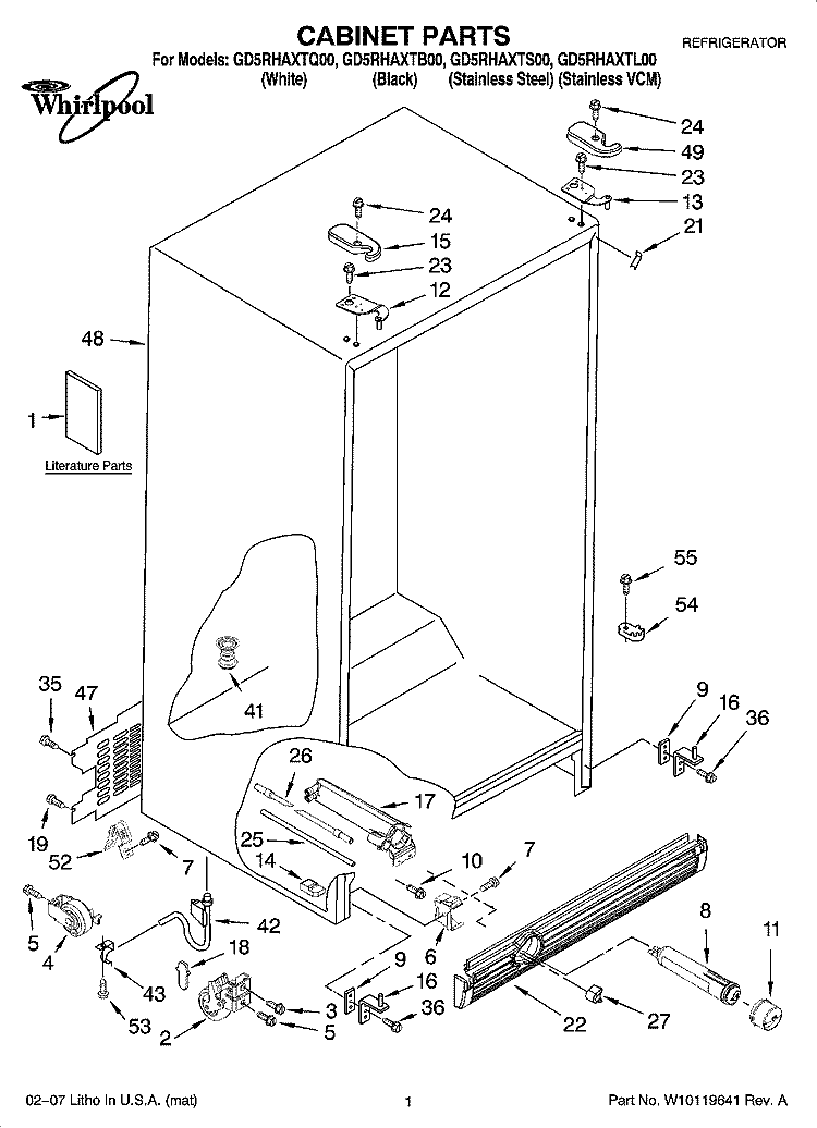 CABINET PARTS Diagram and Parts List for GD5RHAXTQ00  Whirlpool Refrigerator