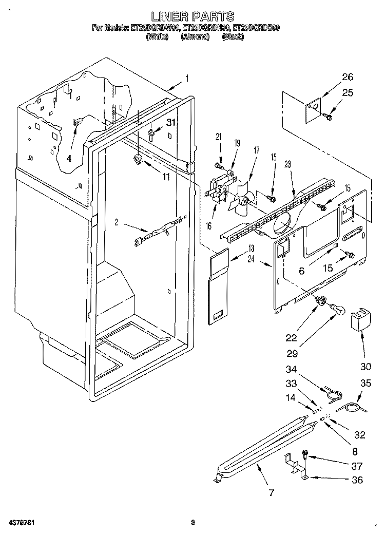 LINER Diagram and Parts List for ET25DQRDB00  Whirlpool Refrigerator
