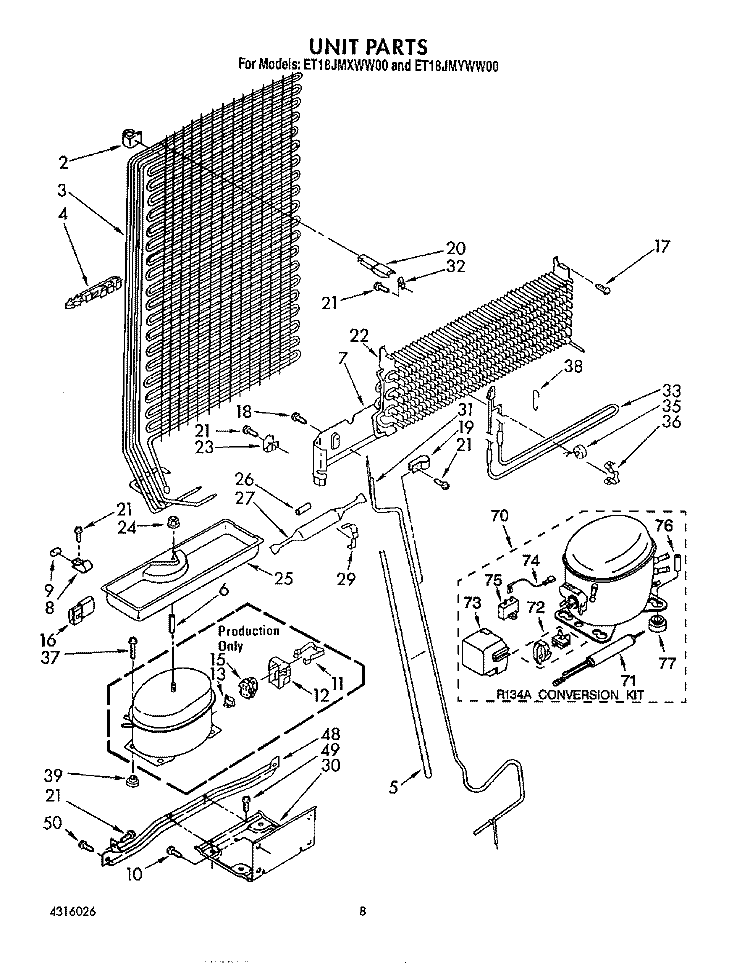 UNIT Diagram and Parts List for ET18JMXWN00  Whirlpool Refrigerator