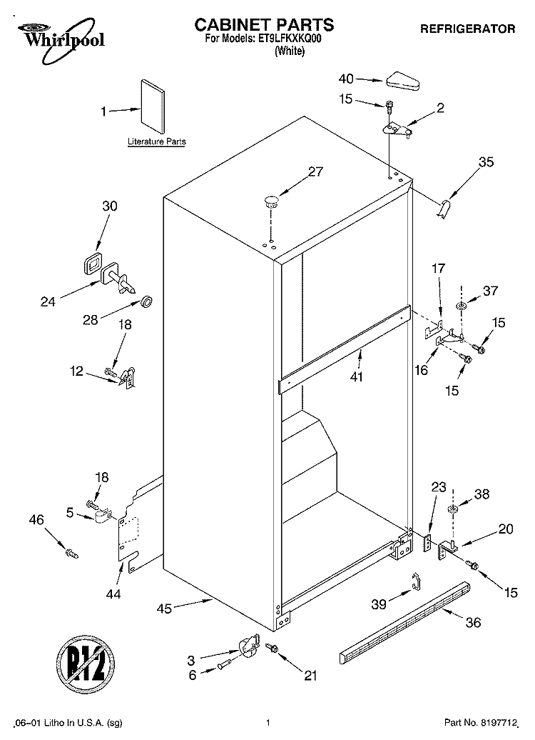 CABINET, LITERATURE Diagram and Parts List for ET9LFKXKQ00  Whirlpool Refrigerator