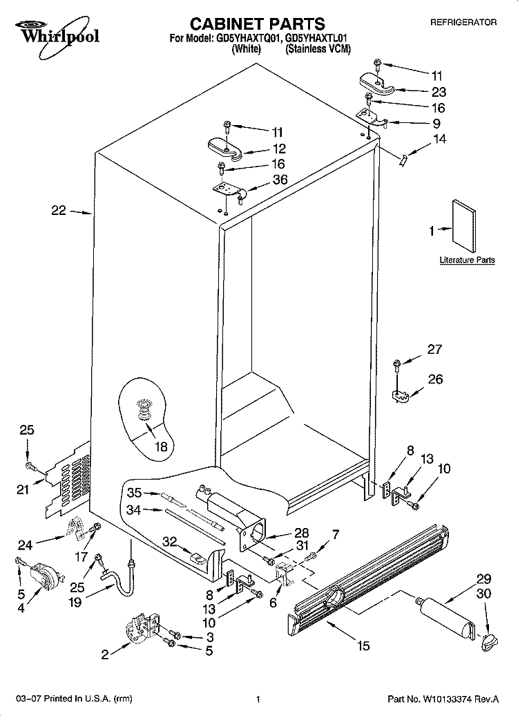 CABINET PARTS Diagram and Parts List for GD5YHAXTL01  Whirlpool Refrigerator
