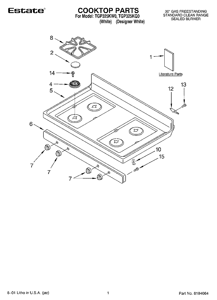 COOKTOP, LITERATURE Diagram and Parts List for TGP325KW0  Estate Range