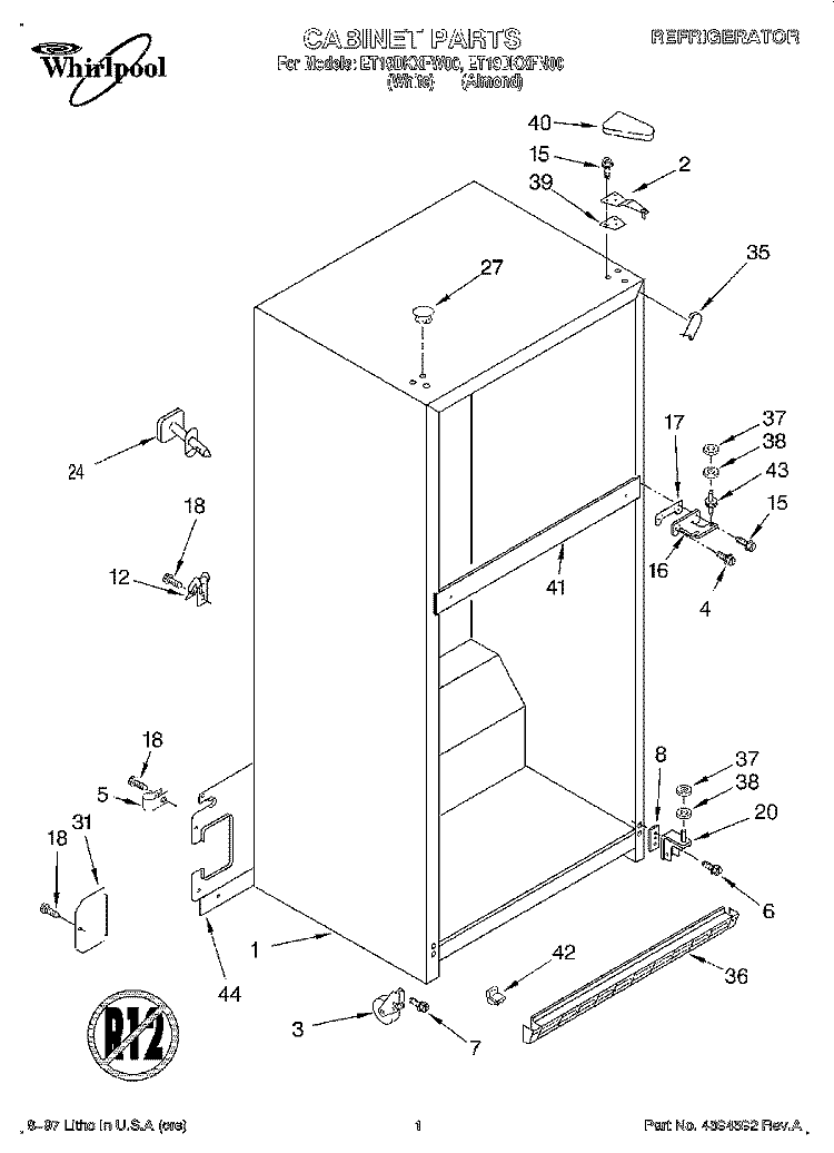 CABINET Diagram and Parts List for ET19DKXFW00  Whirlpool Refrigerator