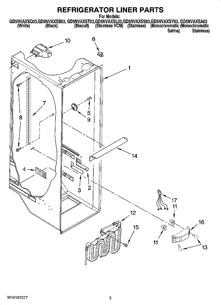 REFRIGERATOR LINER PARTS Diagram and Parts List for GD5NVAXST03  Whirlpool Refrigerator