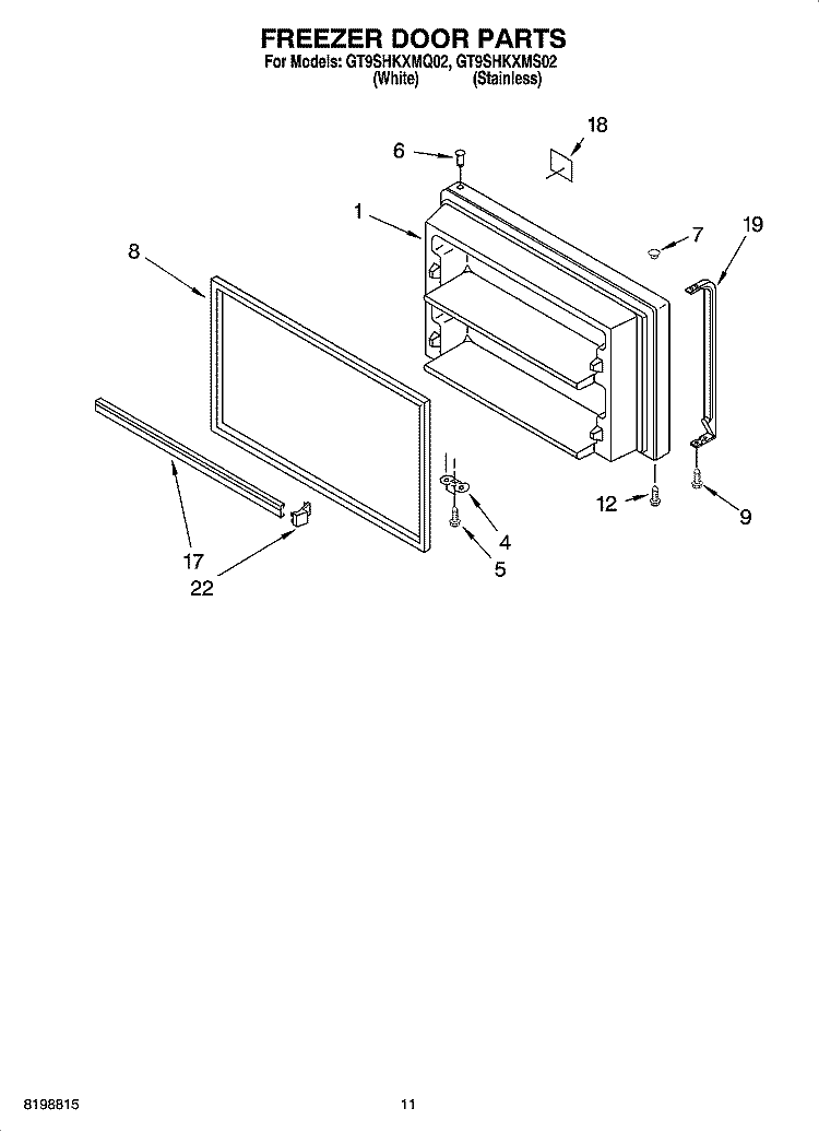 FREEZER DOOR PARTS Diagram and Parts List for GT9SHKXMQ02  Whirlpool Refrigerator