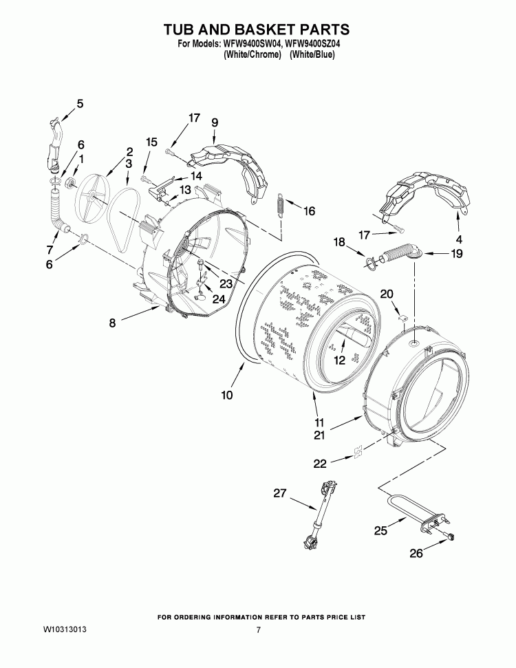 TUB AND BASKET PARTS Diagram and Parts List for  Whirlpool Washer
