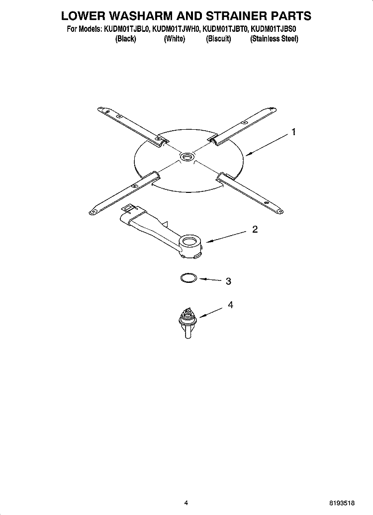 LOWER WASHARM AND STRAINER PARTS Diagram and Parts List for  KitchenAid Dishwasher