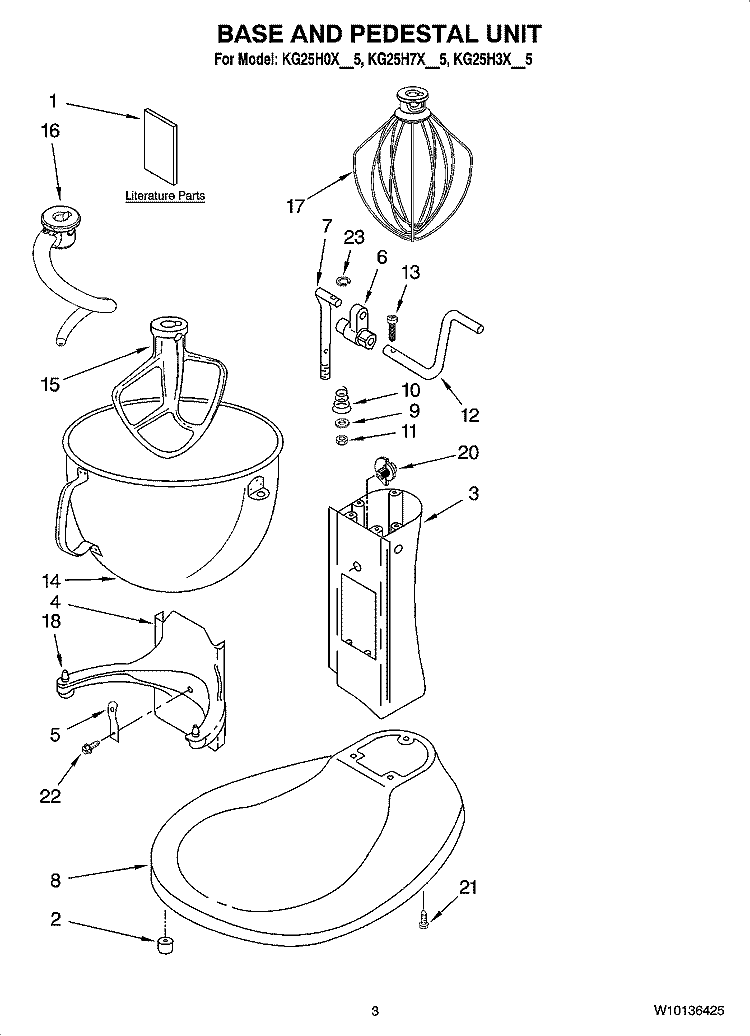 BASE AND PEDESTAL UNIT Diagram and Parts List for  KitchenAid Mixer