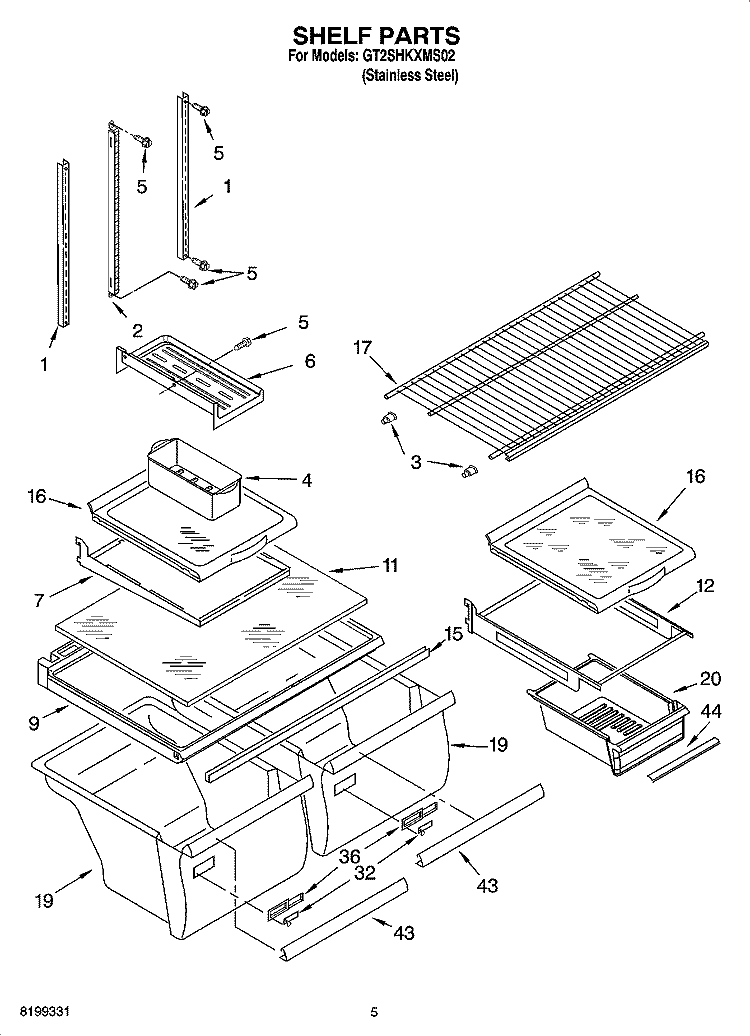 SHELF PARTS Diagram and Parts List for GT2SHKXMS02  Whirlpool Refrigerator