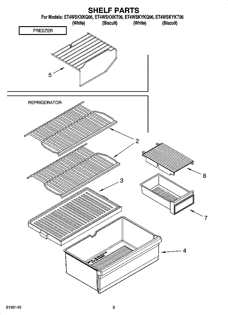 SHELF PARTS, OPTIONAL PARTS Diagram and Parts List for ET4WSKXKQ06  Whirlpool Refrigerator