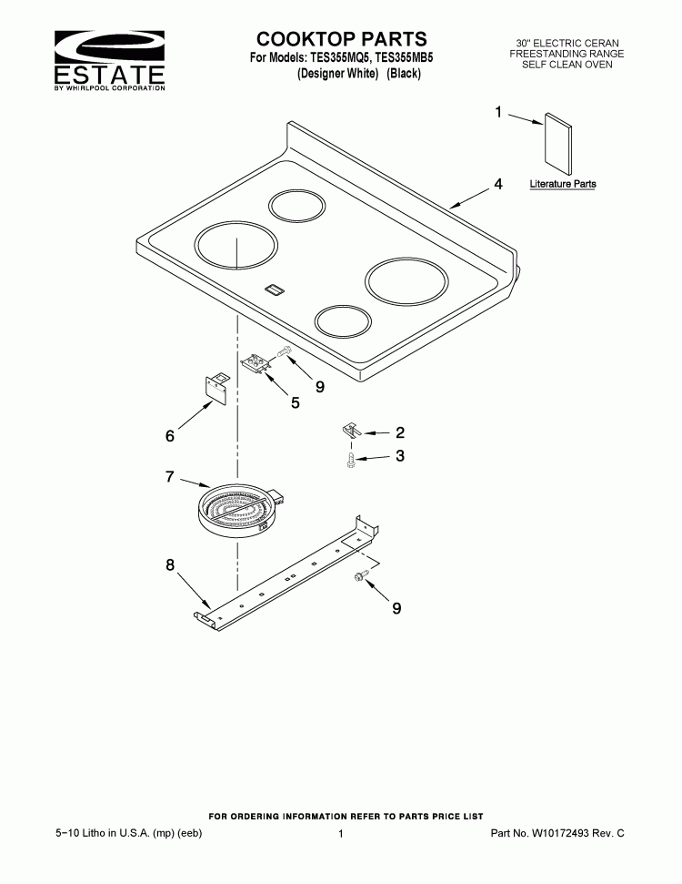 COOKTOP PARTS Diagram and Parts List for TES355MB5  Estate Range