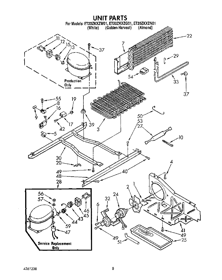 UNIT Diagram and Parts List for ET20ZKXZN01  Whirlpool Refrigerator