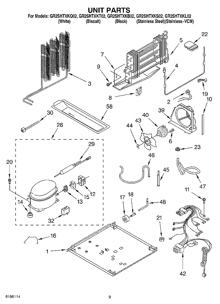 UNIT Diagram and Parts List for GR2SHTXKS02  Whirlpool Refrigerator
