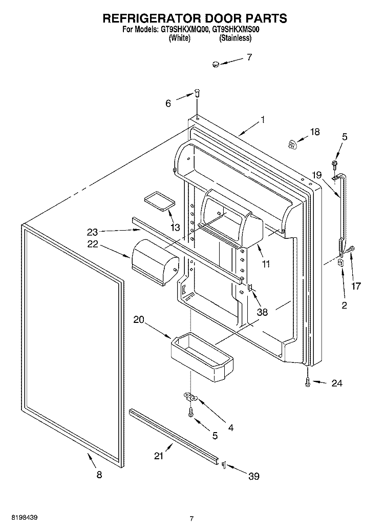 REFRIGERATOR DOOR PARTS Diagram and Parts List for GT9SHKXMQ00  Whirlpool Refrigerator