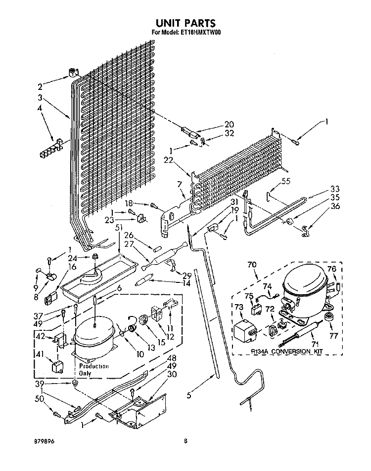 UNIT Diagram and Parts List for ET18HMXTW00  Whirlpool Refrigerator
