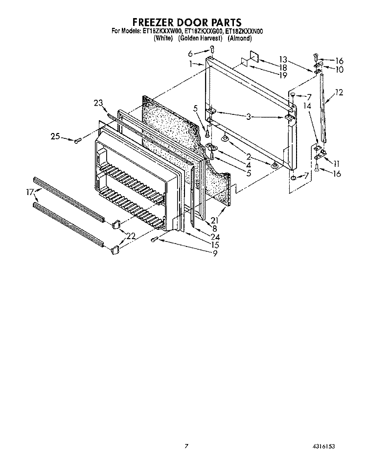FREEZER DOOR Diagram and Parts List for ET18ZKXXG00  Whirlpool Refrigerator