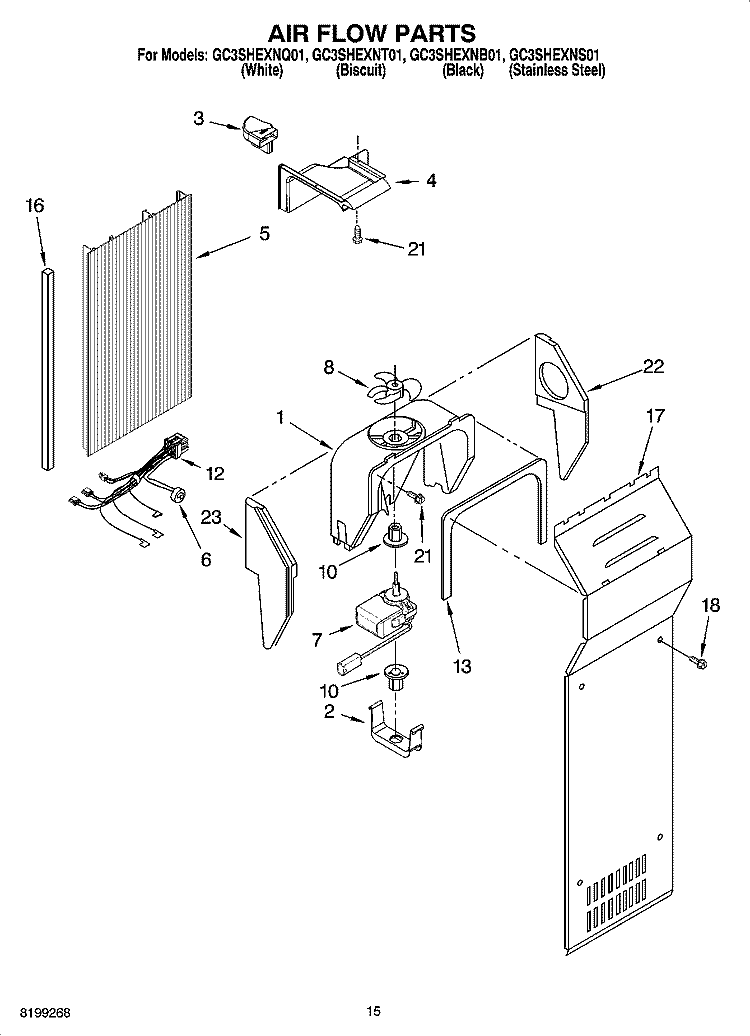 AIR FLOW PARTS Diagram and Parts List for GC3SHEXNT01  Whirlpool Refrigerator