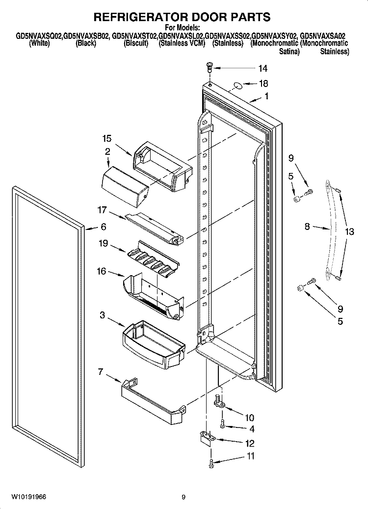 REFRIGERATOR DOOR PARTS Diagram and Parts List for GD5NVAXSA02  Whirlpool Refrigerator