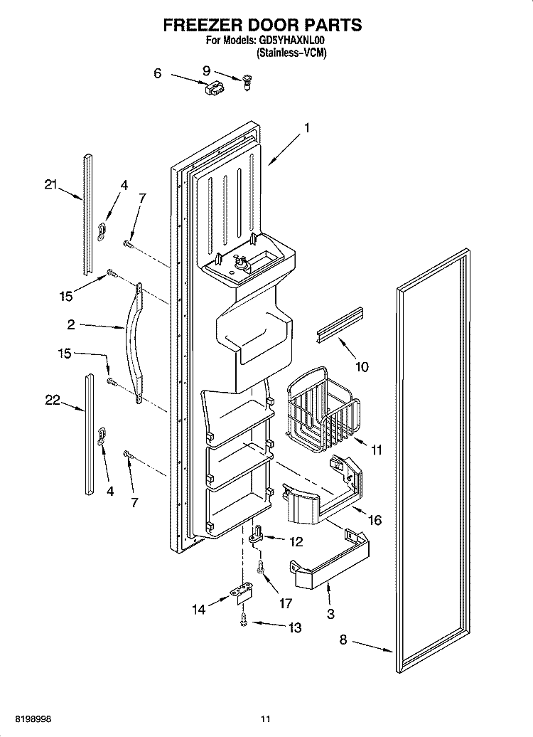 FREEZER DOOR PARTS Diagram and Parts List for GD5YHAXNL00  Whirlpool Refrigerator