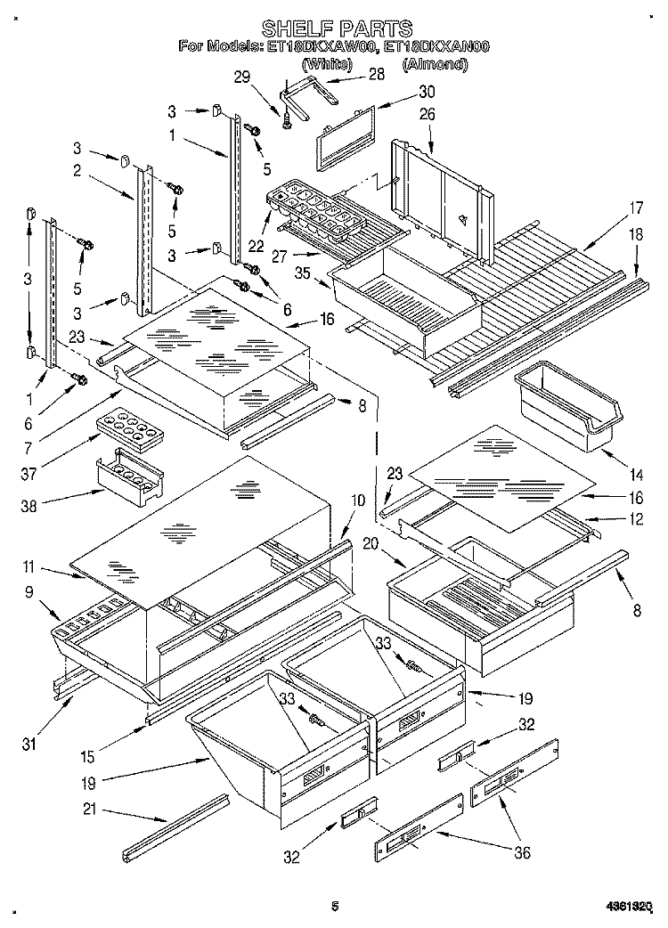 SHELF, LIT/OPTIONAL Diagram and Parts List for ET18DKXAW00  Whirlpool Refrigerator