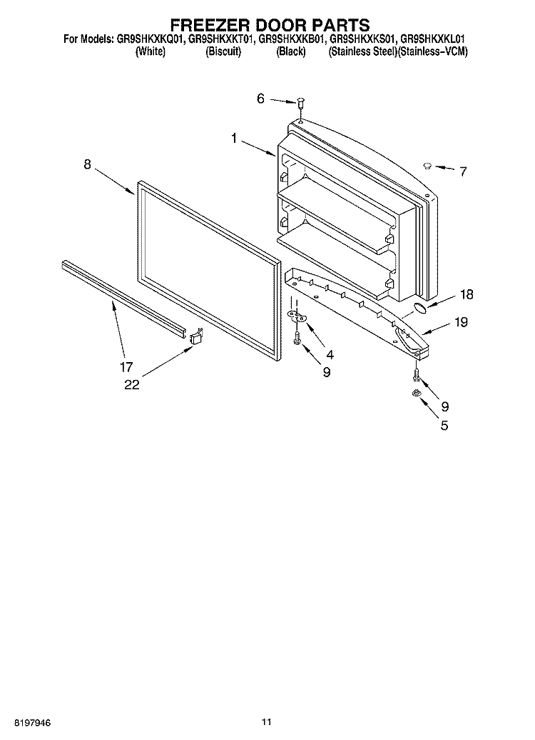 FREEZER DOOR, OPTIONAL Diagram and Parts List for GR9SHKXKL01  Whirlpool Refrigerator