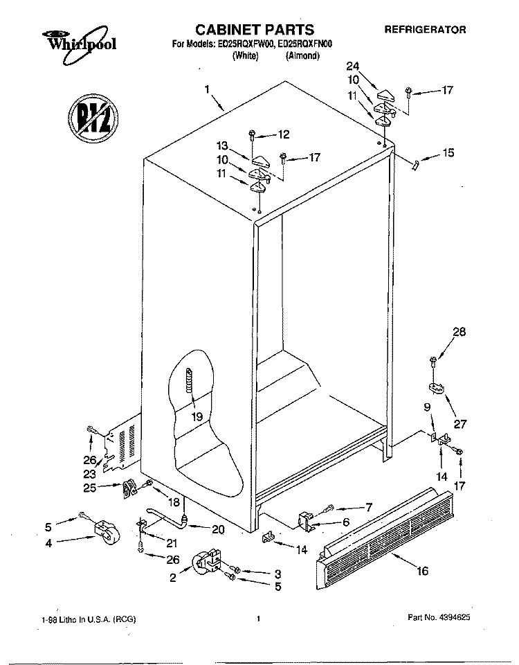 CABINET Diagram and Parts List for ED25RQXFW00  Whirlpool Refrigerator