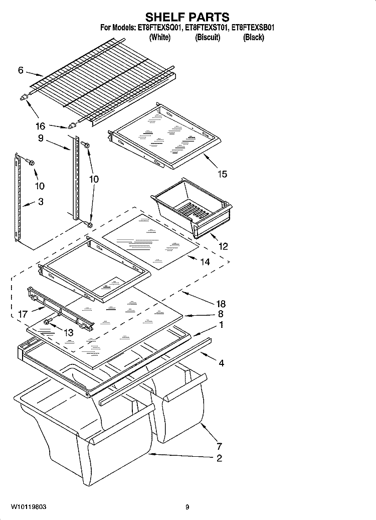 SHELF PARTS, OPTIONAL PARTS Diagram and Parts List for ET8FTEXST01  Whirlpool Refrigerator