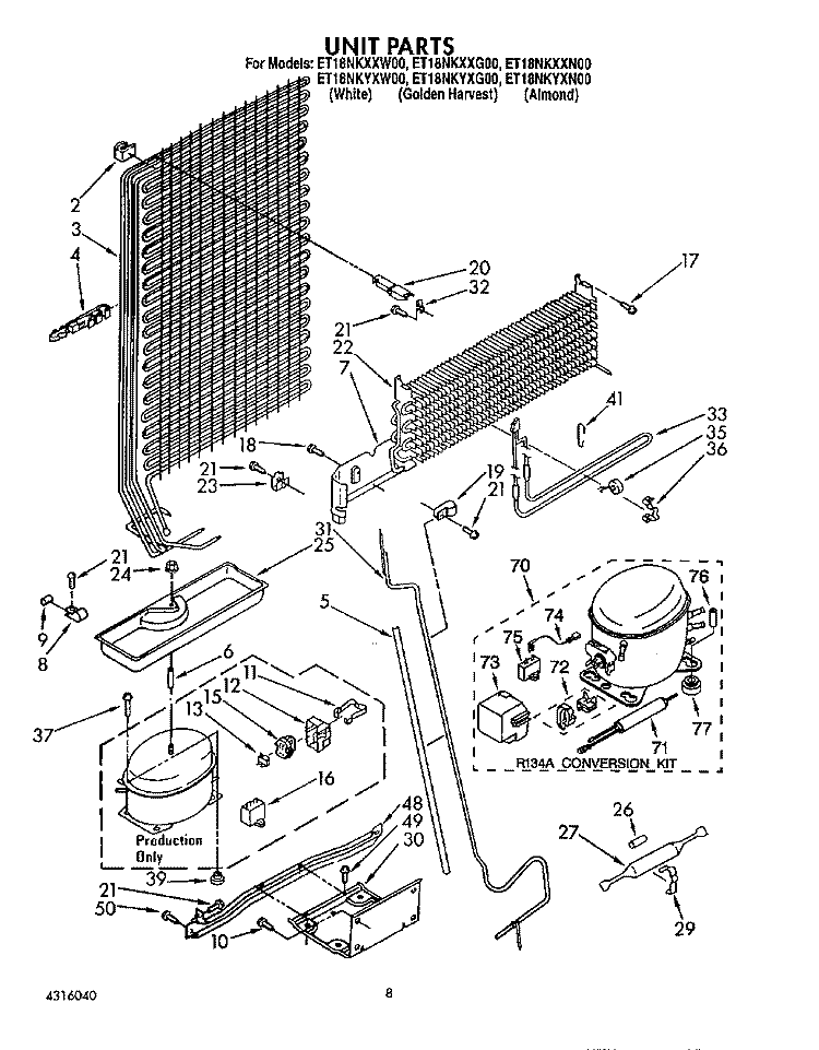 UNIT Diagram and Parts List for ET18NKXXN00  Whirlpool Refrigerator