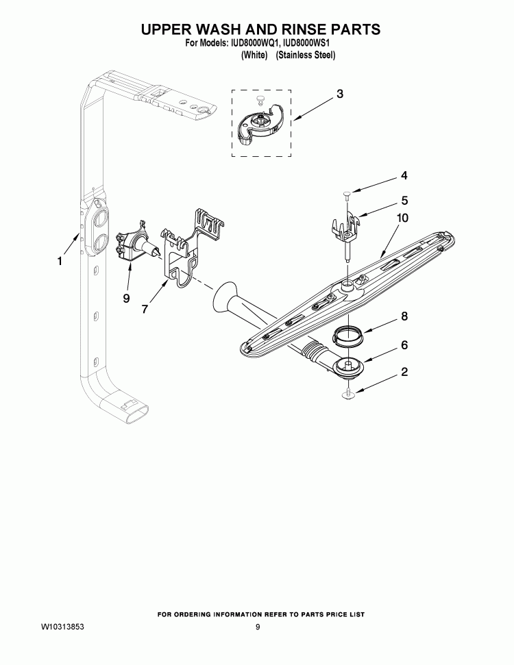 UPPER WASH AND RINSE PARTS Diagram and Parts List for  Whirlpool Dishwasher
