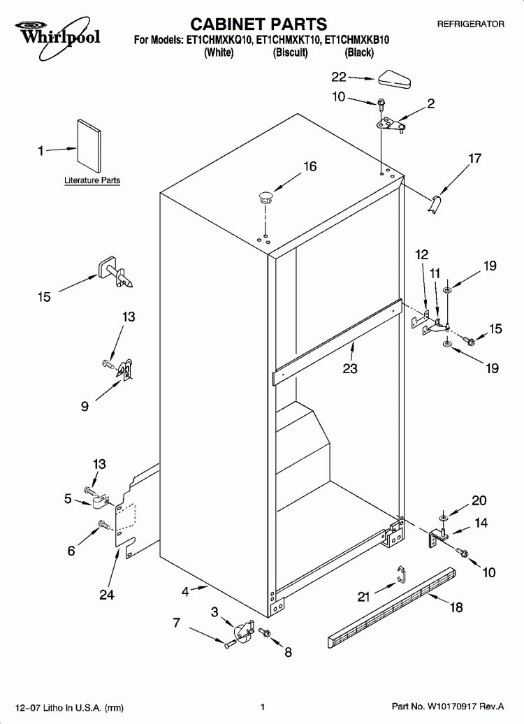 CABINET PARTS Diagram and Parts List for ET1CHMXKT10  Whirlpool Refrigerator