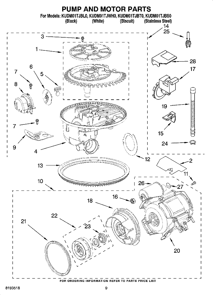 PUMP AND MOTOR PARTS Diagram and Parts List for  KitchenAid Dishwasher