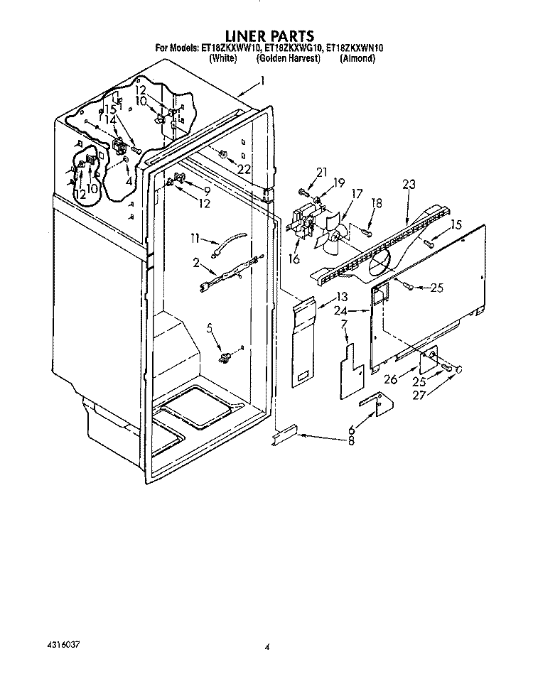 LINER Diagram and Parts List for ET18ZKXWG10  Whirlpool Refrigerator