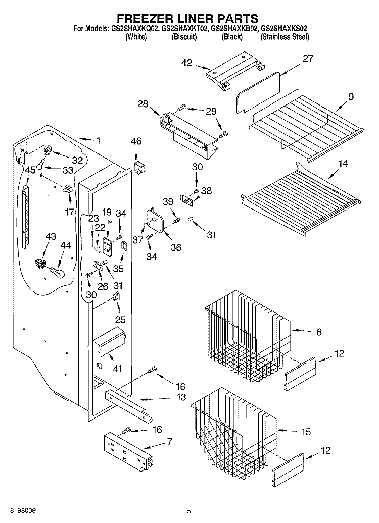 FREEZER LINER PARTS Diagram and Parts List for GS2SHAXKS02  Whirlpool Refrigerator