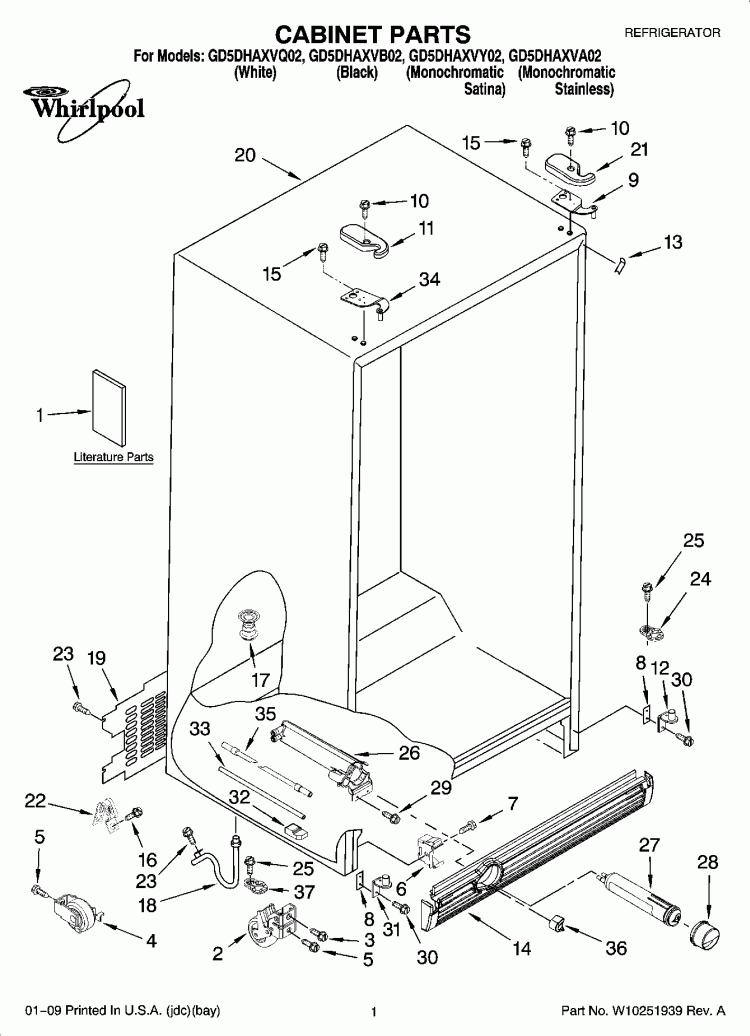 CABINET PARTS Diagram and Parts List for GD5DHAXVB02  Whirlpool Refrigerator
