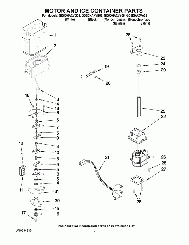 MOTOR AND ICE CONTAINER PARTS Diagram and Parts List for GD5DHAXVB05  Whirlpool Refrigerator