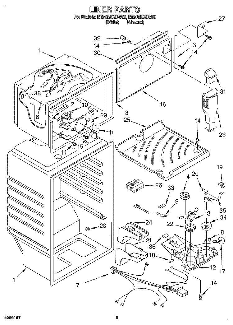 LINER Diagram and Parts List for ET20GKXDW02  Whirlpool Refrigerator