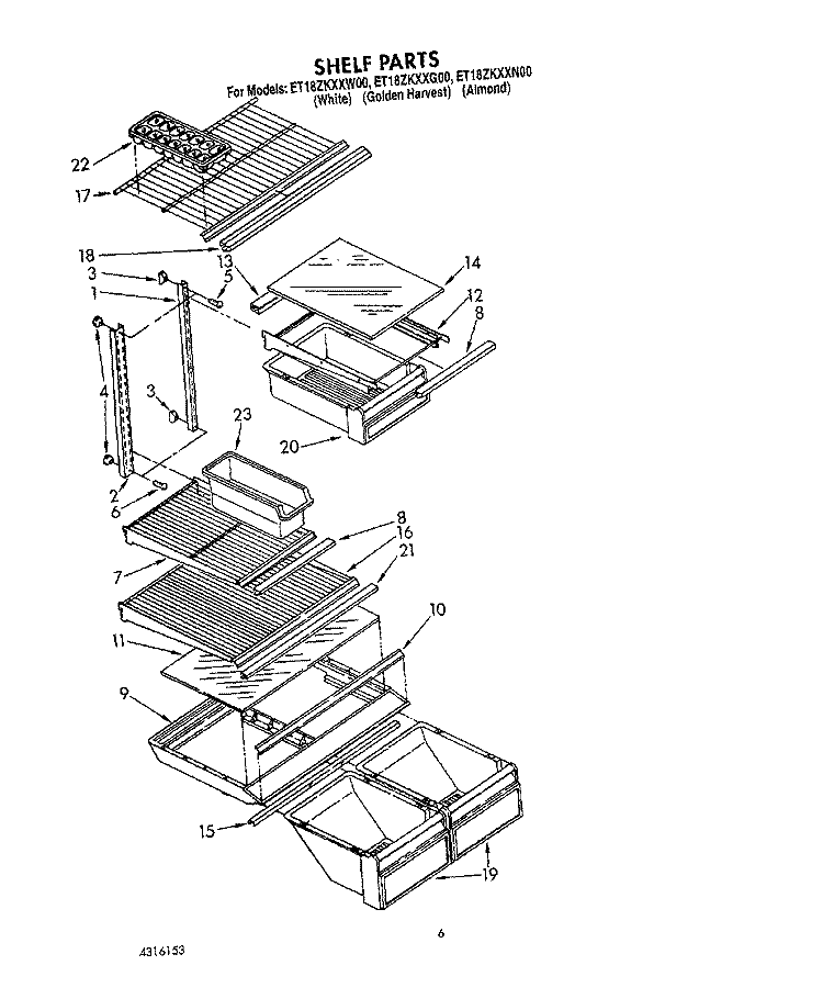 SHELF Diagram and Parts List for ET18ZKXXG00  Whirlpool Refrigerator