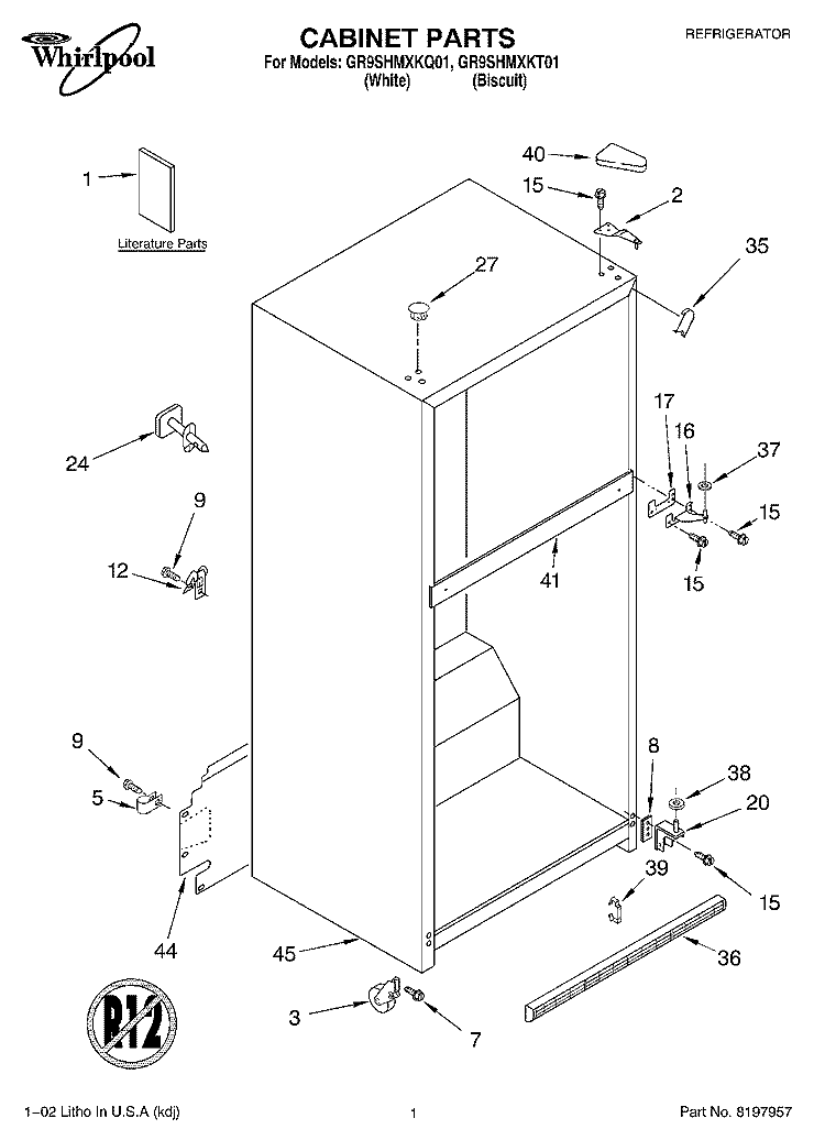 CABINET, LITERATURE Diagram and Parts List for GR9SHMXKT01  Whirlpool Refrigerator