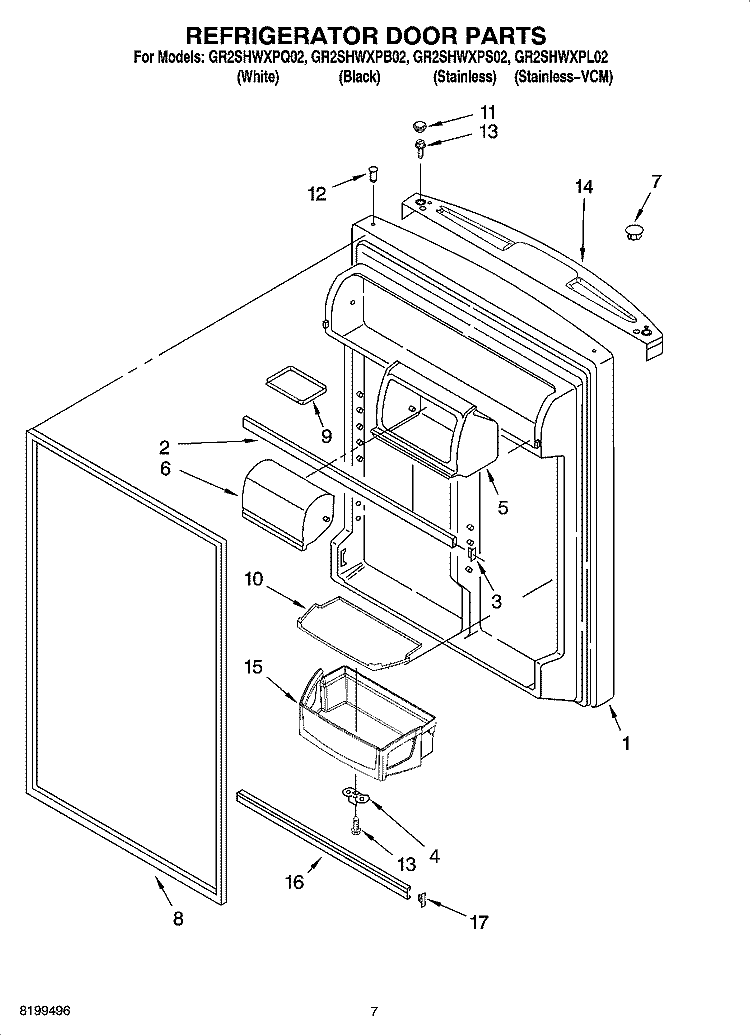 REFRIGERATOR DOOR PARTS Diagram and Parts List for GR2SHWXPL02  Whirlpool Refrigerator