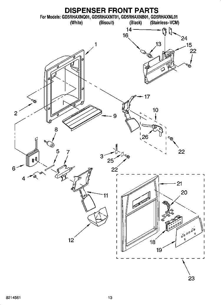 DISPENSER FRONT PARTS Diagram and Parts List for GD5RHAXNL01  Whirlpool Refrigerator