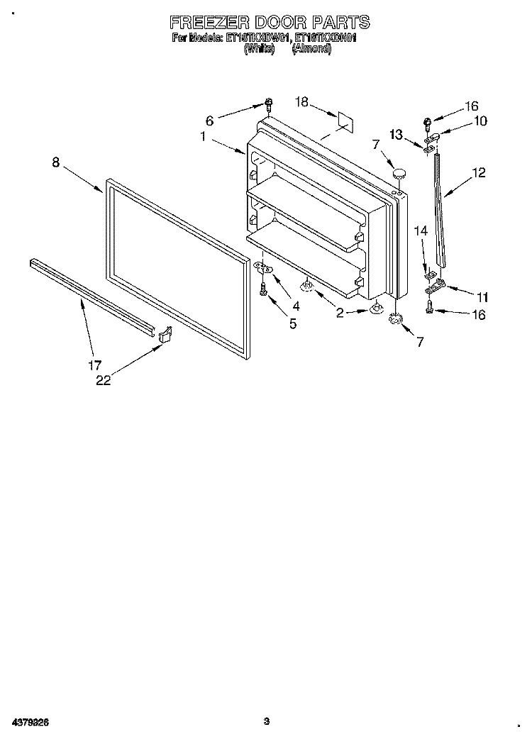 FREEZER DOOR Diagram and Parts List for ET18TKXDW01  Whirlpool Refrigerator