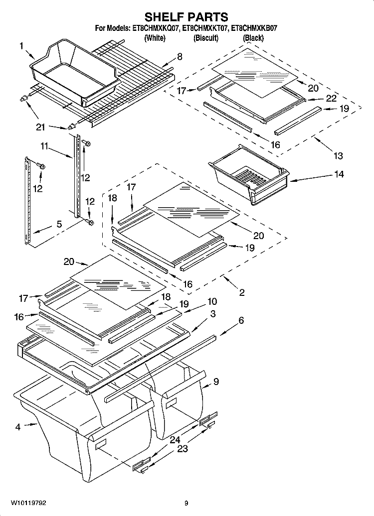 SHELF PARTS Diagram and Parts List for ET8CHMXKB07  Whirlpool Refrigerator