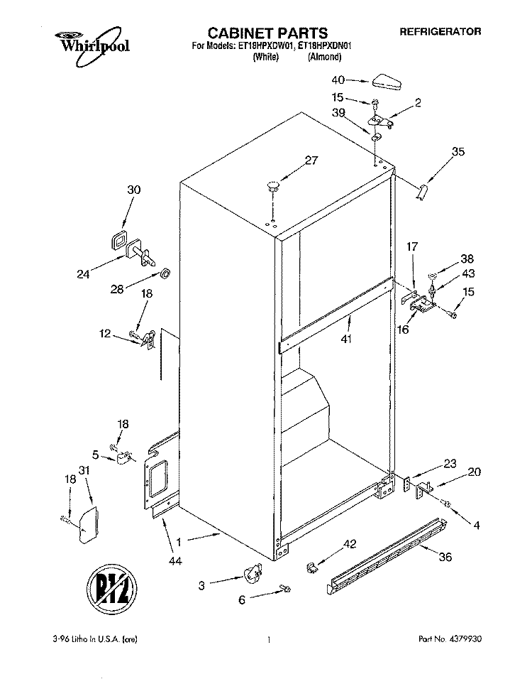 CABINET Diagram and Parts List for ET18HPXDN01  Whirlpool Refrigerator