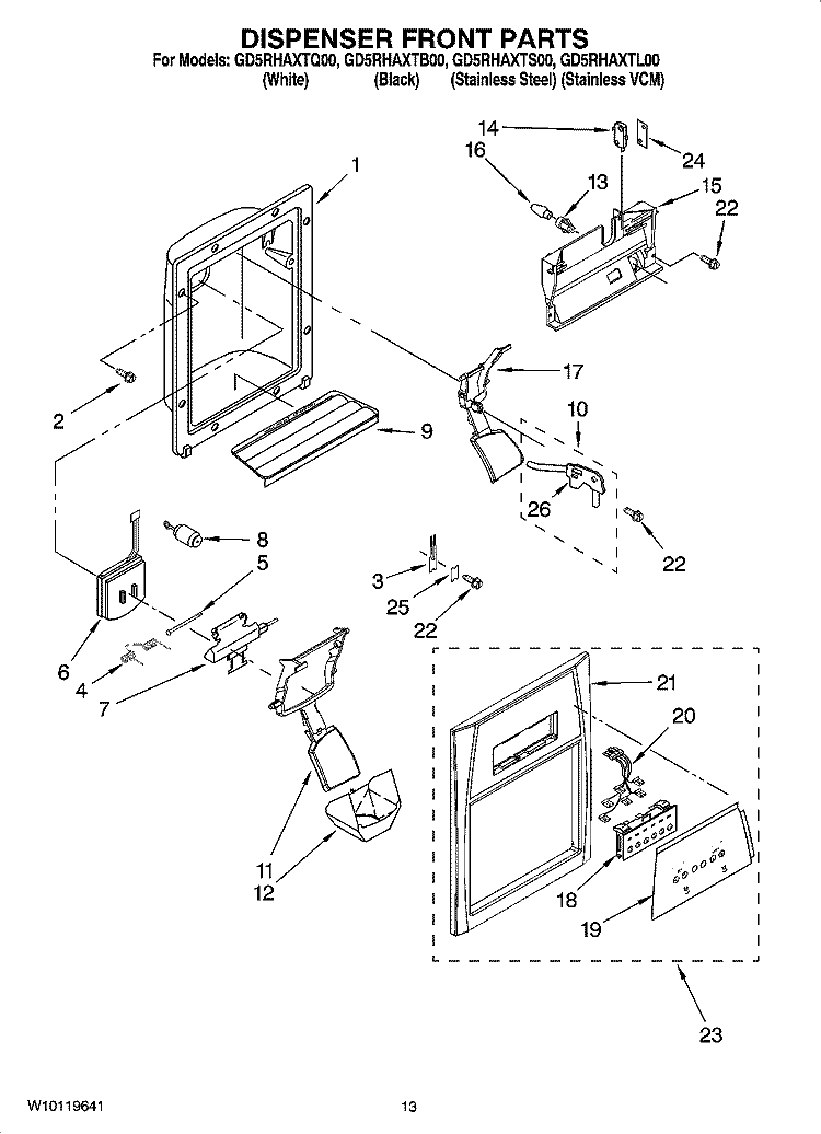 DISPENSER FRONT PARTS Diagram and Parts List for GD5RHAXTQ00  Whirlpool Refrigerator