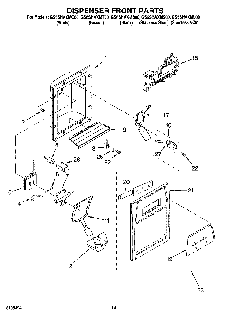 DISPENSER FRONT PARTS Diagram and Parts List for GS6SHAXMB00  Whirlpool Refrigerator
