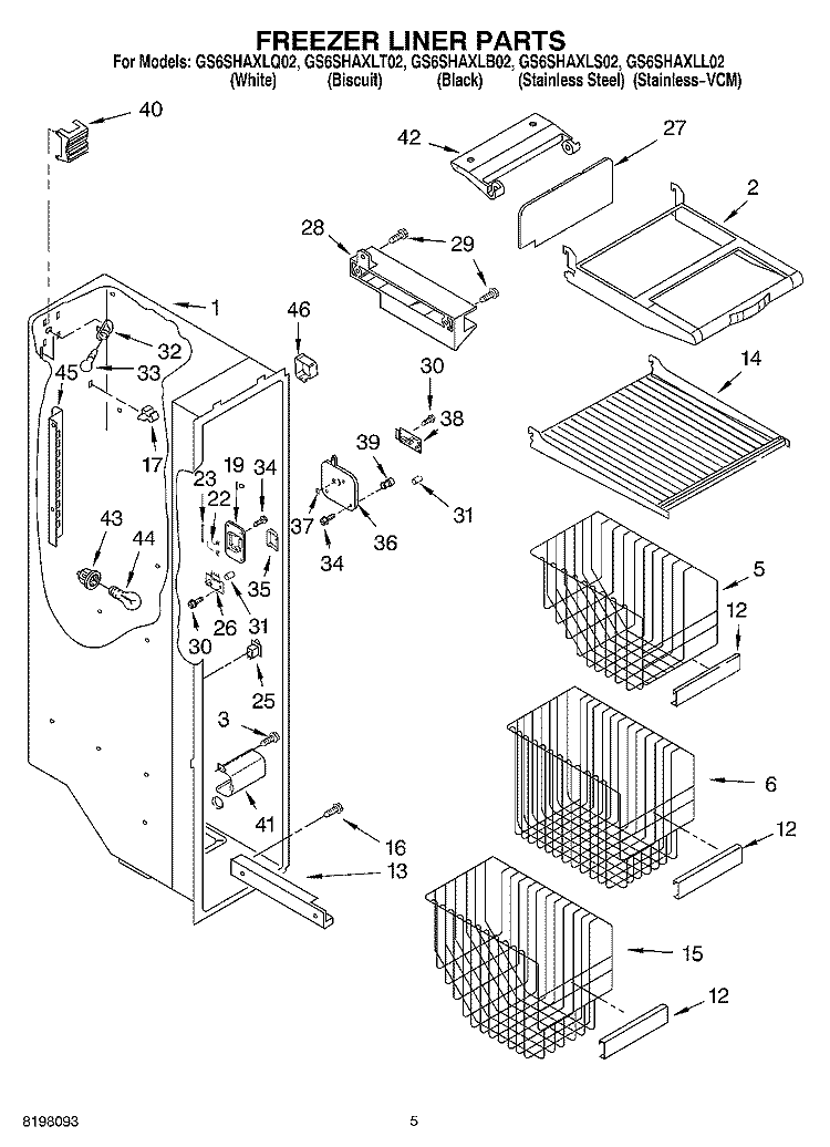 FREEZER LINER Diagram and Parts List for GS6SHAXLS02  Whirlpool Refrigerator