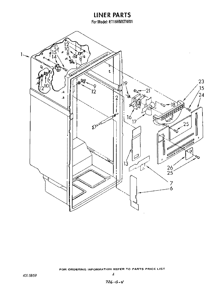 LINER Diagram and Parts List for ET18HMXTN01  Whirlpool Refrigerator